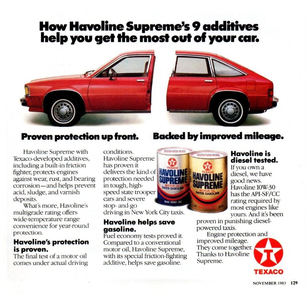 1983 Texaco Halvoline Motor Oil Vintage Print Ad Chevy Citation Wall Art Photo